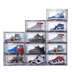 12 Pack Acrylic Clear Shoe Boxes– Ultra Clear Plastic Stackable Sneaker Storage For Sneakerhead. Professional Grade Shoe Display Case with Magnetic Door .Boots and Hat Organizer.Fits US Size 15