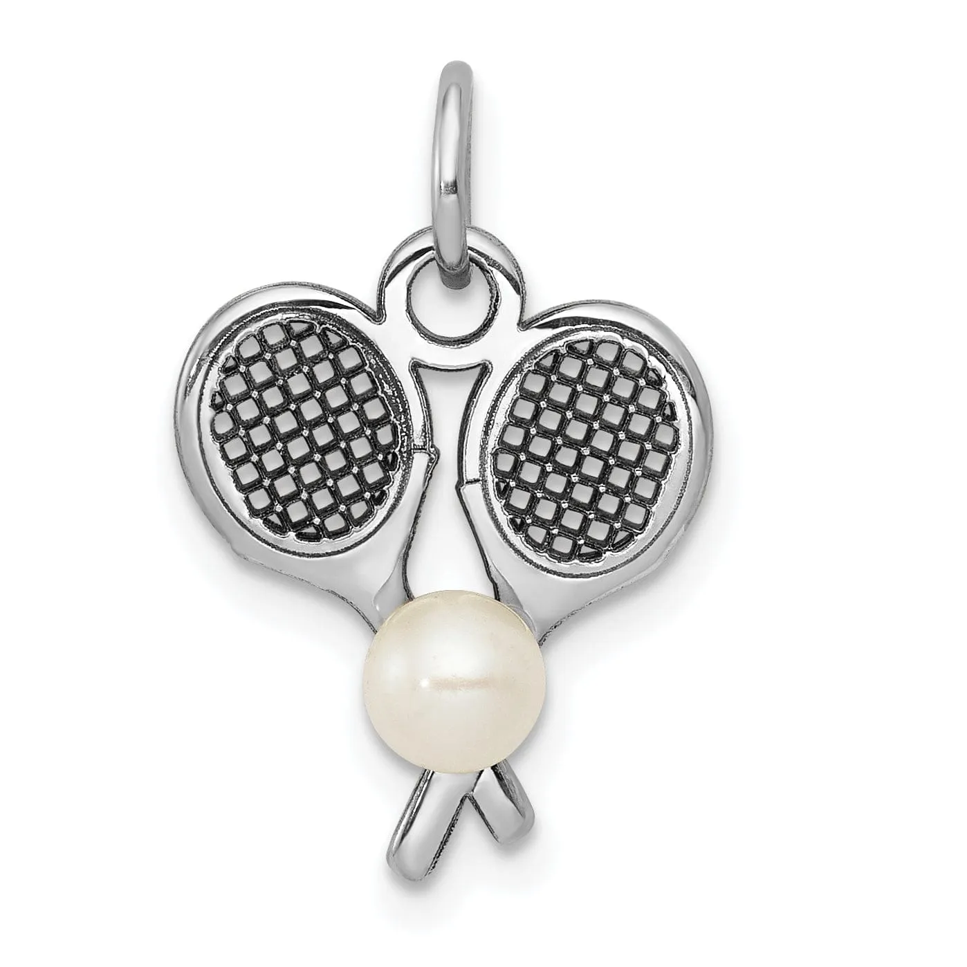 14k White Gold 3D Tennis Racquets Pearl Pendant