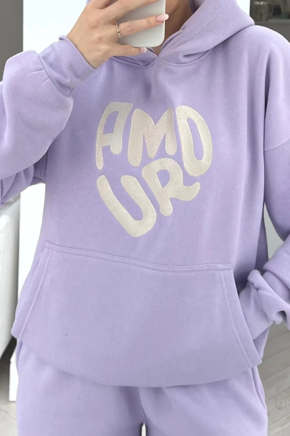 Amour lilac & white embroidered hooded loungewear set