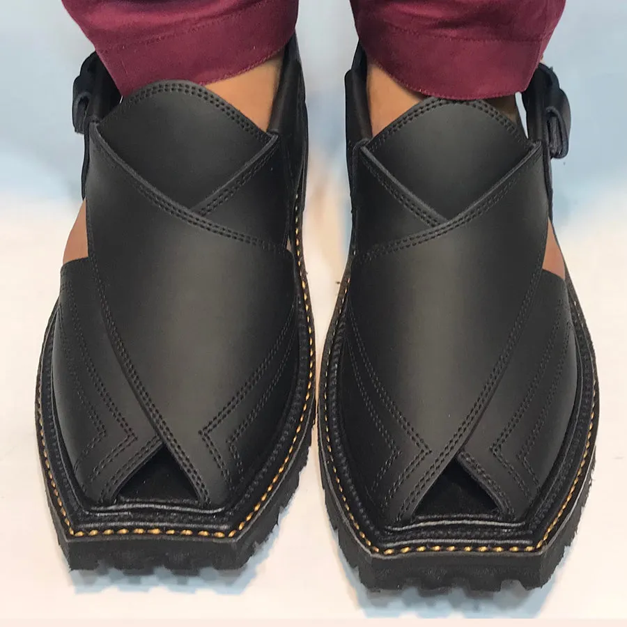 Black Leather Handmade Peshawari Men's Chappal