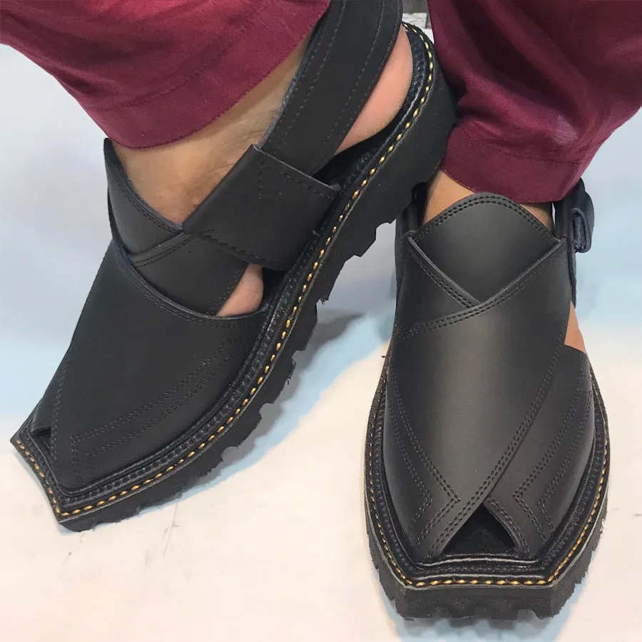 Black Leather Handmade Peshawari Men's Chappal