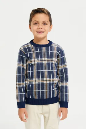 Boys Navy Checkered Pullover