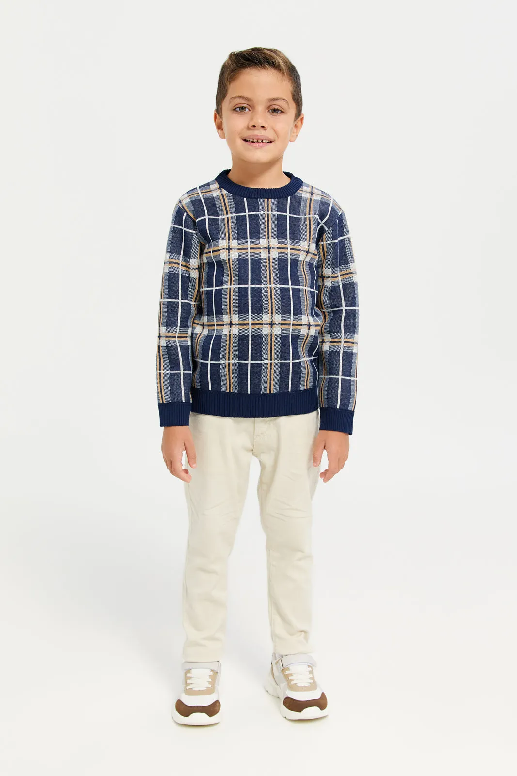 Boys Navy Checkered Pullover