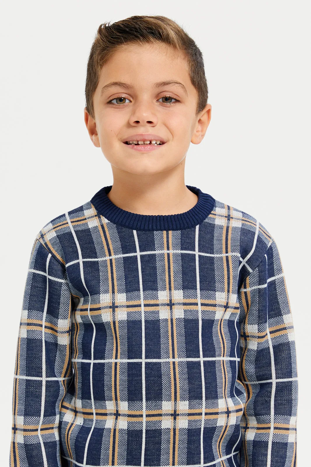 Boys Navy Checkered Pullover