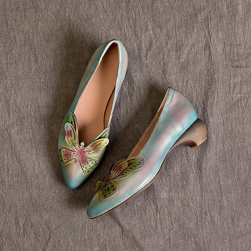 Chunky Pumps Full Grain Leather Comfy Shoes Flower Decorated in Blue