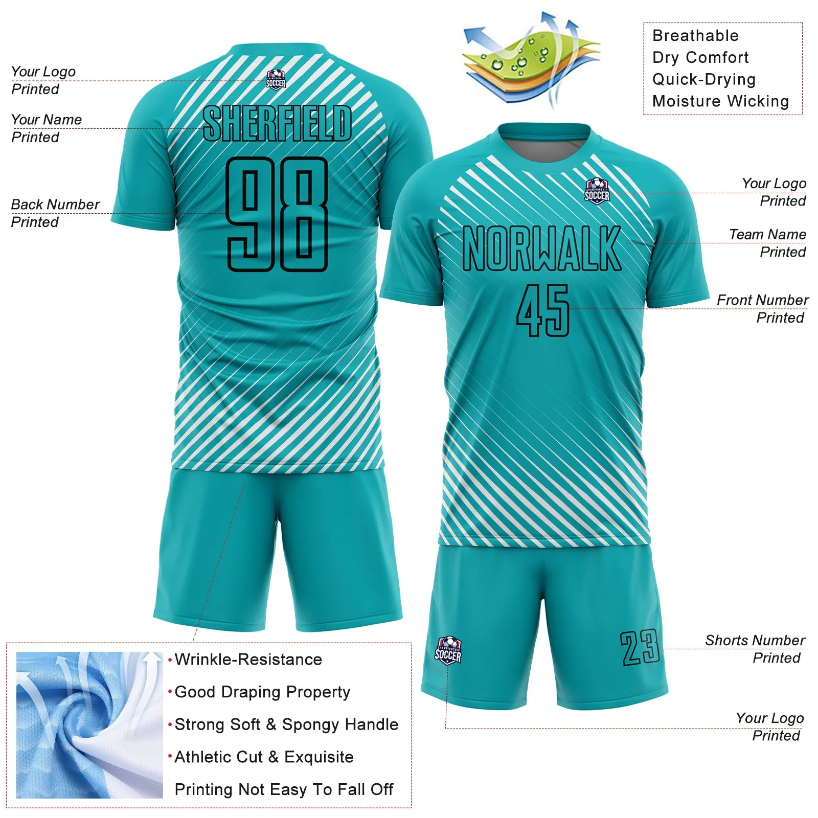 Custom Aqua Black Diagonal Lines Sublimation Soccer Uniform Jersey