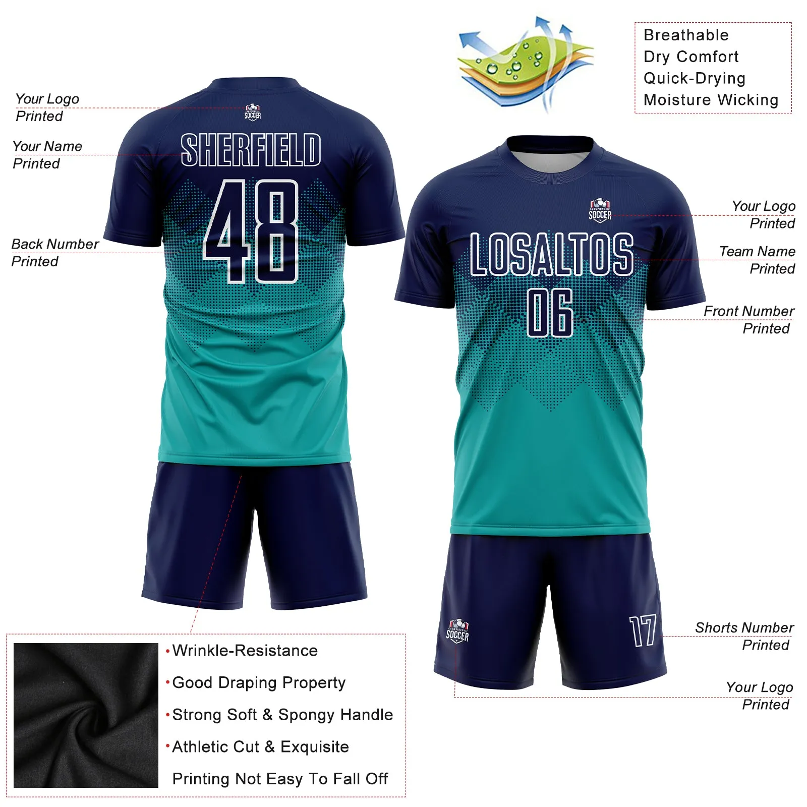 Custom Aqua Navy-White Sublimation Soccer Uniform Jersey