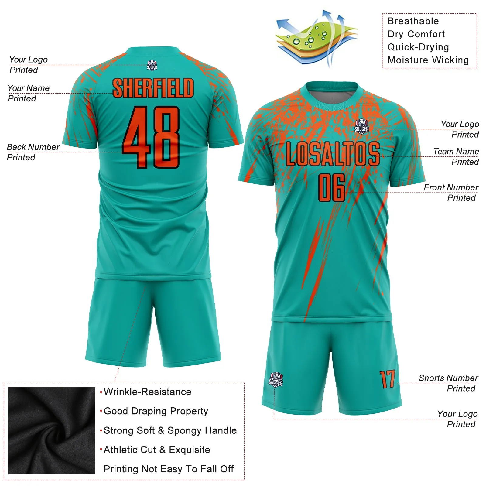 Custom Aqua Orange-Black Sublimation Soccer Uniform Jersey