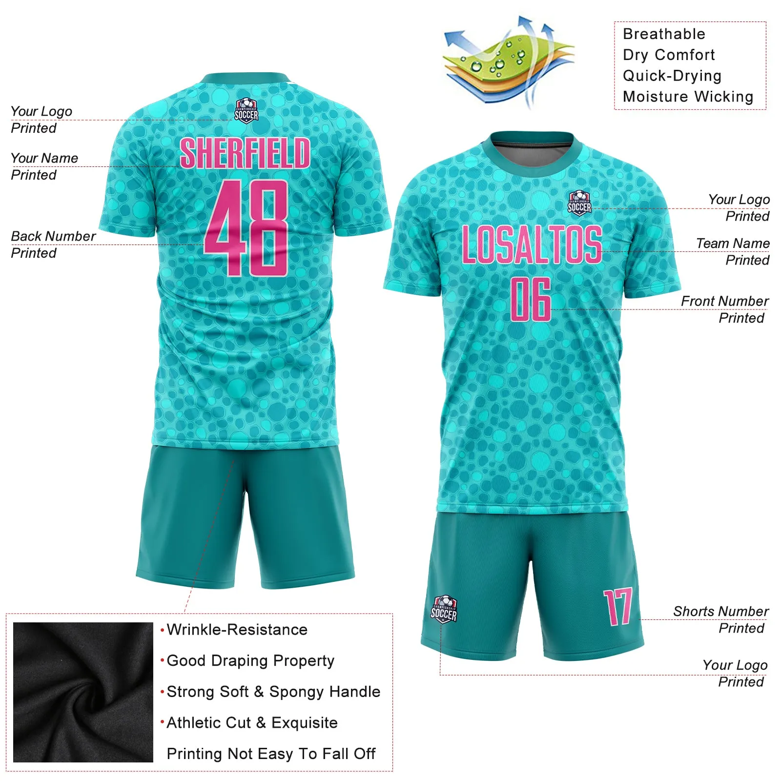 Custom Aqua Pink-White Sublimation Soccer Uniform Jersey