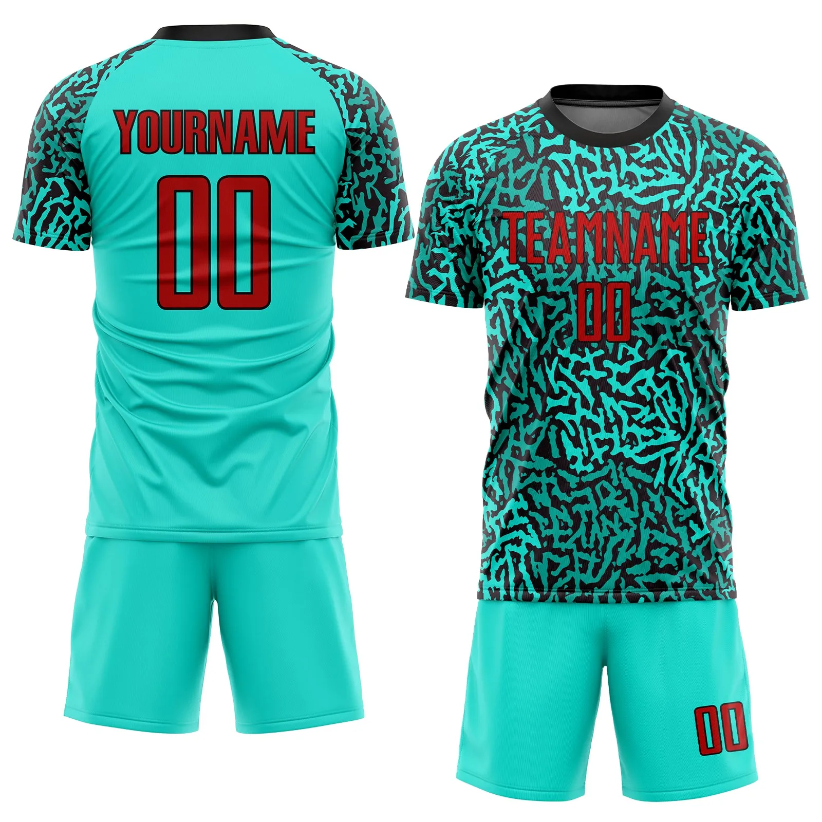 Custom Aqua Red-Black Sublimation Soccer Uniform Jersey