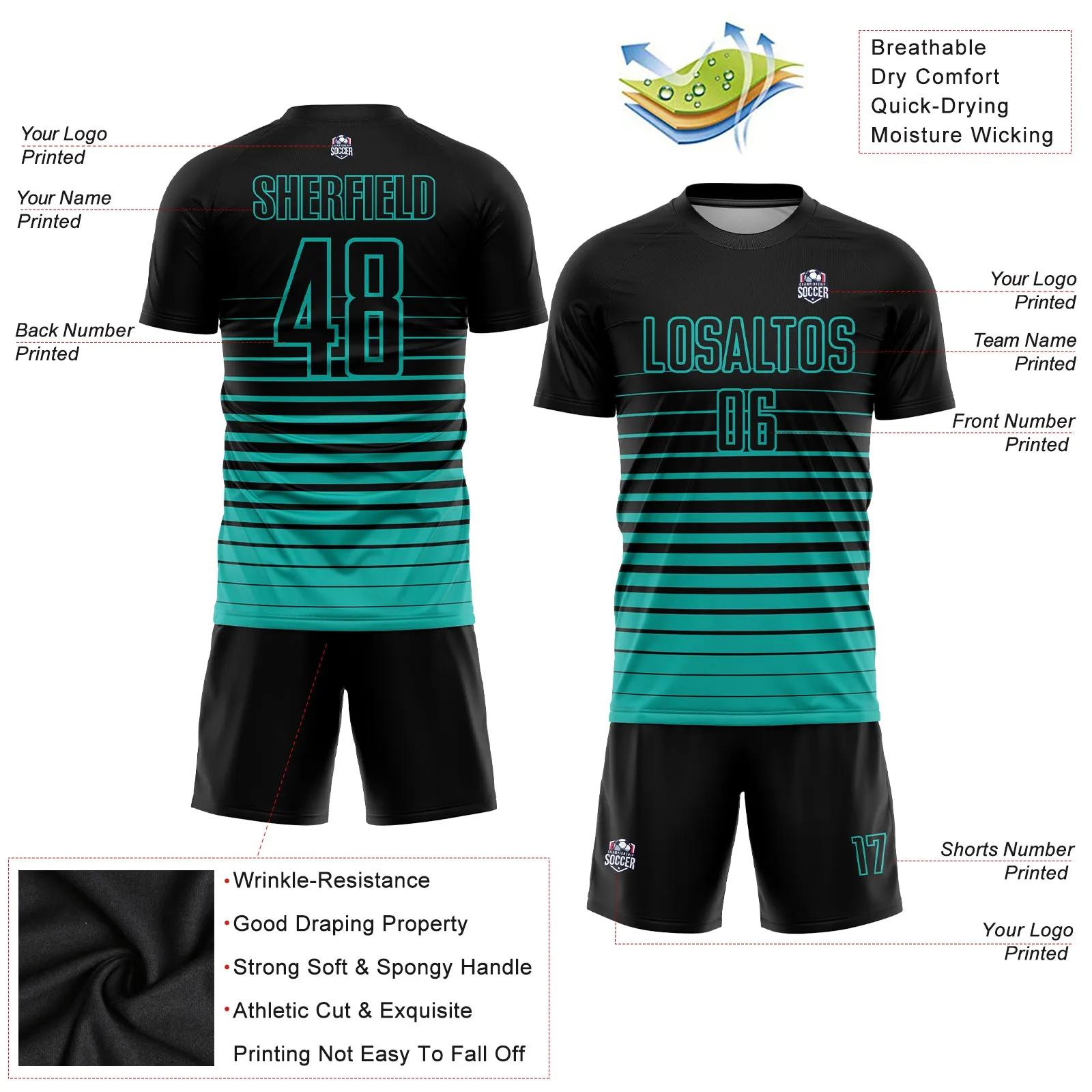 Custom Black Aqua Pinstripe Fade Fashion Sublimation Soccer Uniform Jersey