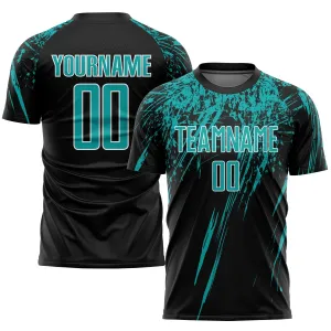 Custom Black Aqua-White Sublimation Soccer Uniform Jersey