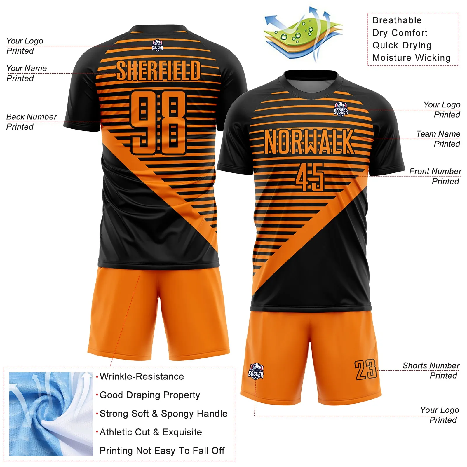 Custom Black Bay Orange Stripes Sublimation Soccer Uniform Jersey