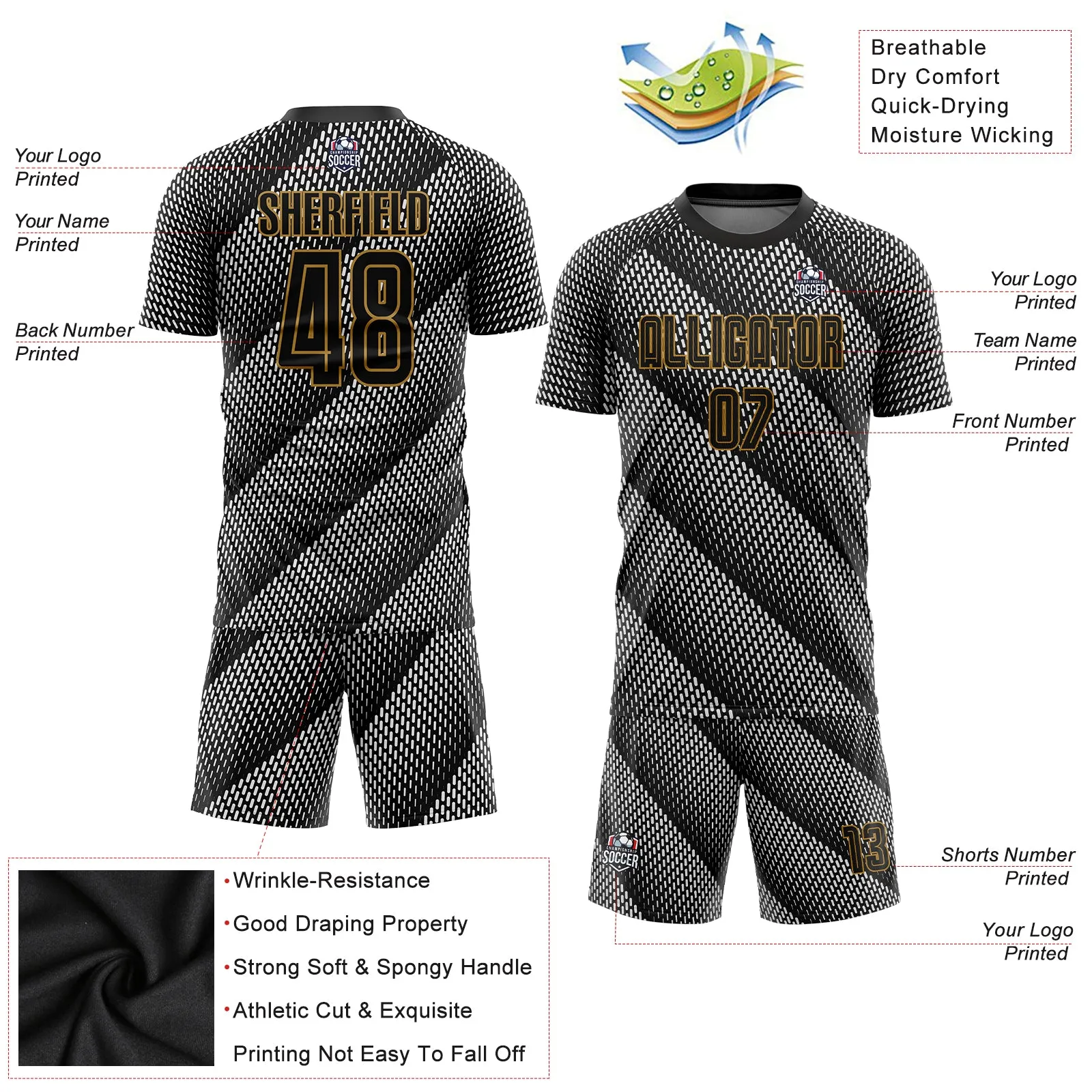 Custom Black Black-Old Gold Sublimation Soccer Uniform Jersey