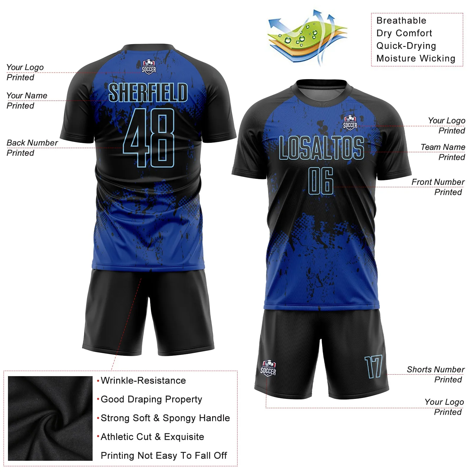 Custom Black Black-Royal Sublimation Soccer Uniform Jersey