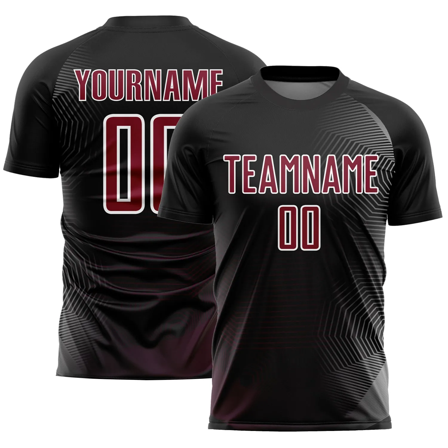 Custom Black Crimson-White Geometric Lines Sublimation Soccer Uniform Jersey