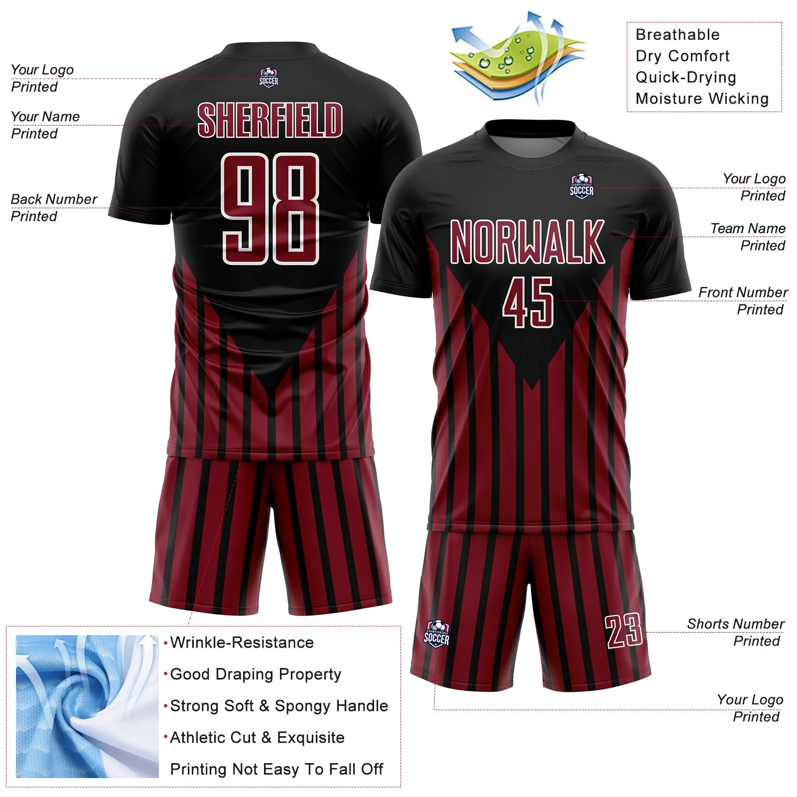 Custom Black Crimson-White Lines Sublimation Soccer Uniform Jersey