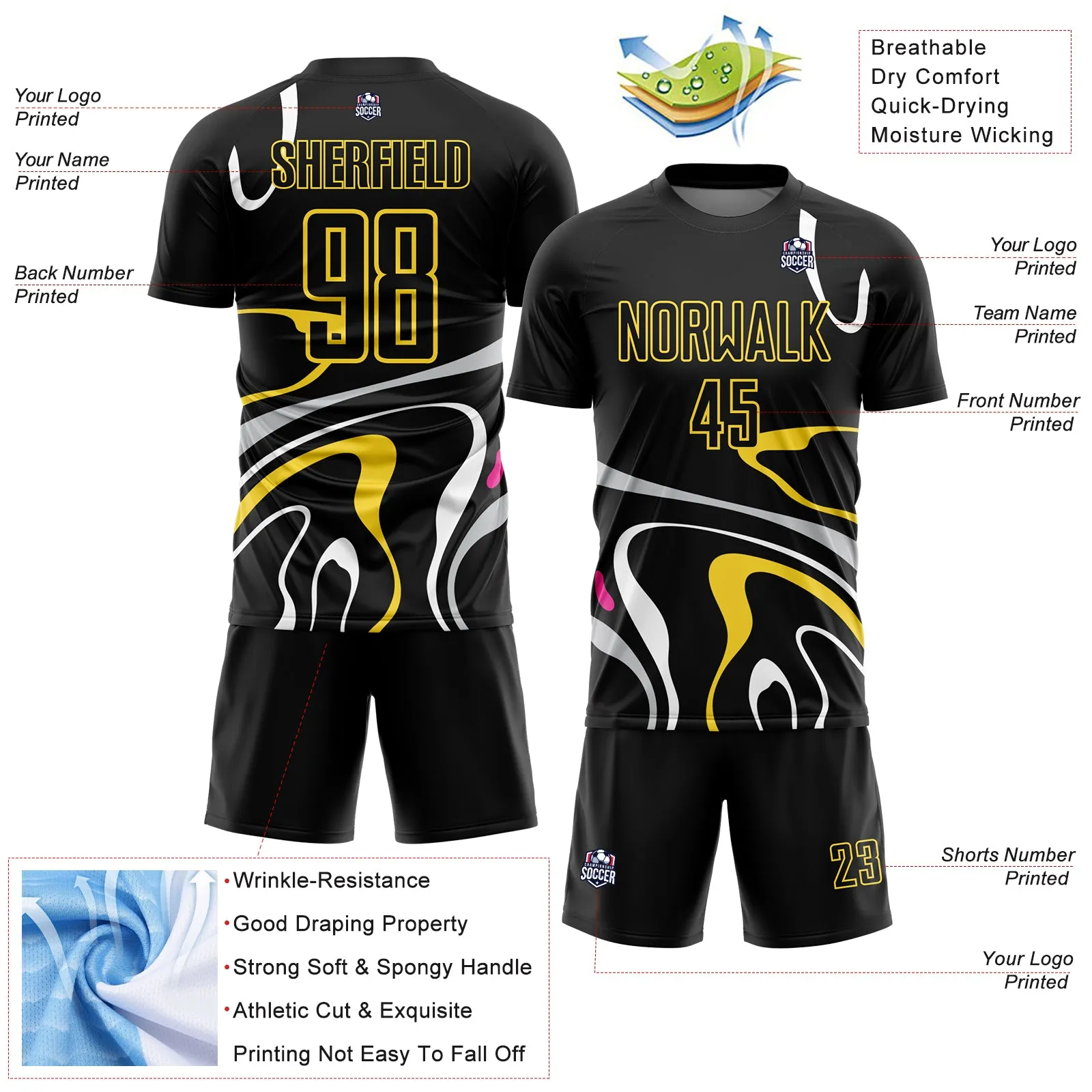 Custom Black Gold Fluid Shapes Sublimation Soccer Uniform Jersey