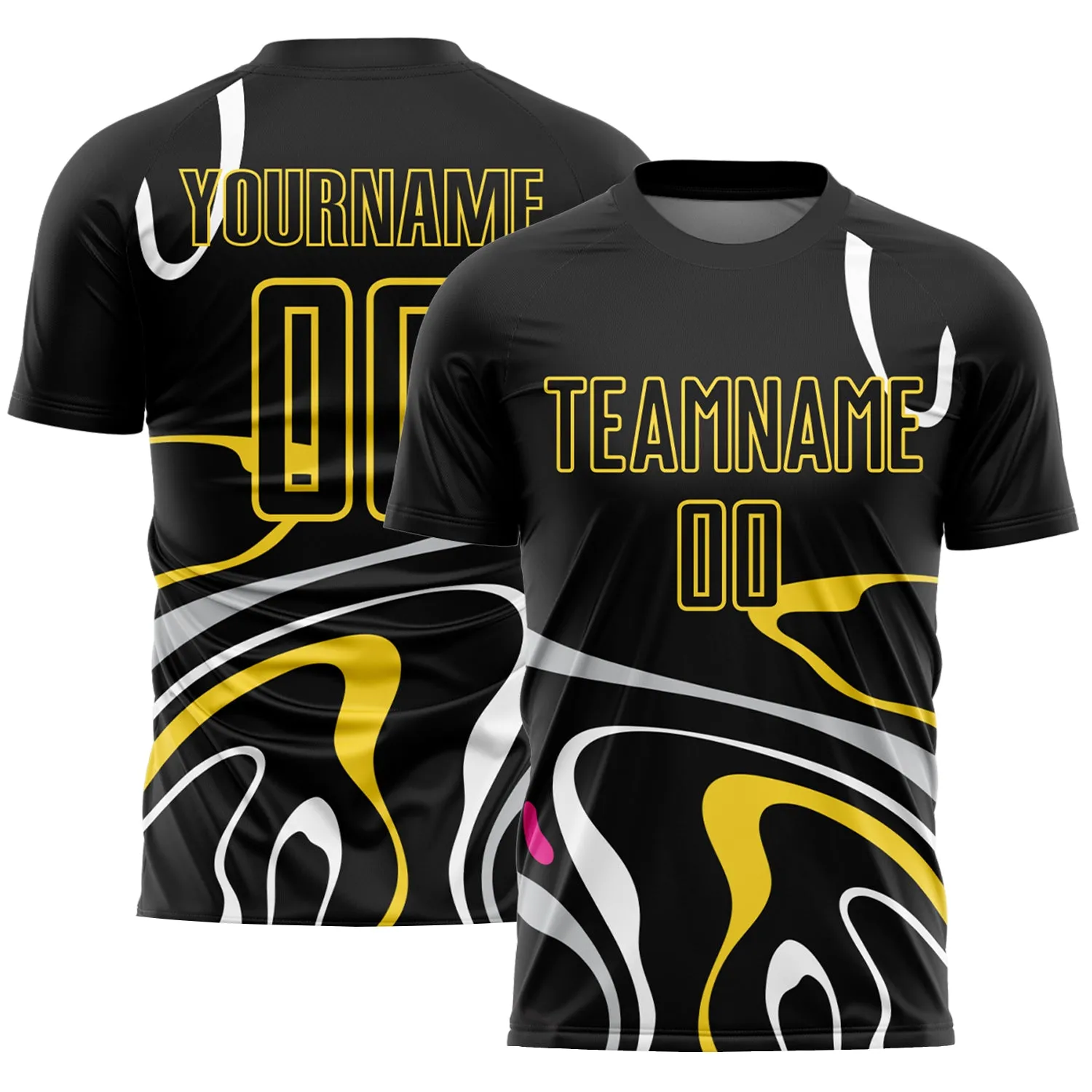 Custom Black Gold Fluid Shapes Sublimation Soccer Uniform Jersey