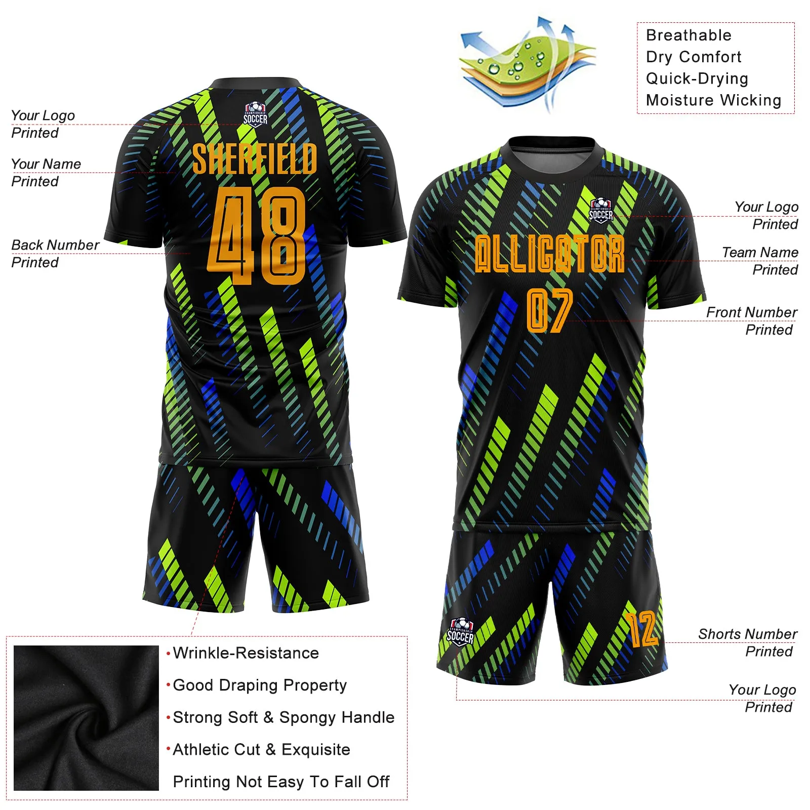 Custom Black Gold Sublimation Soccer Uniform Jersey