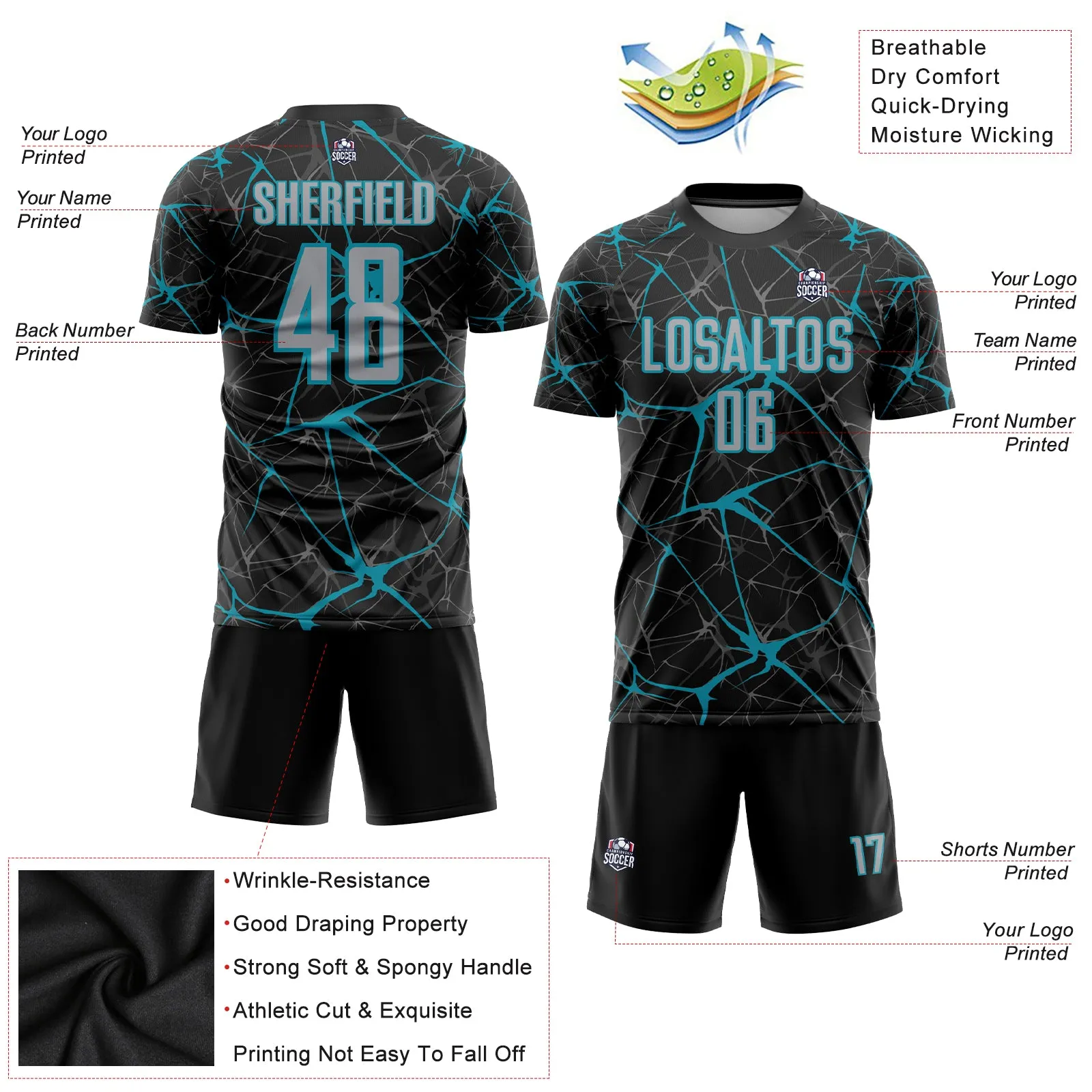 Custom Black Gray-Teal Sublimation Soccer Uniform Jersey