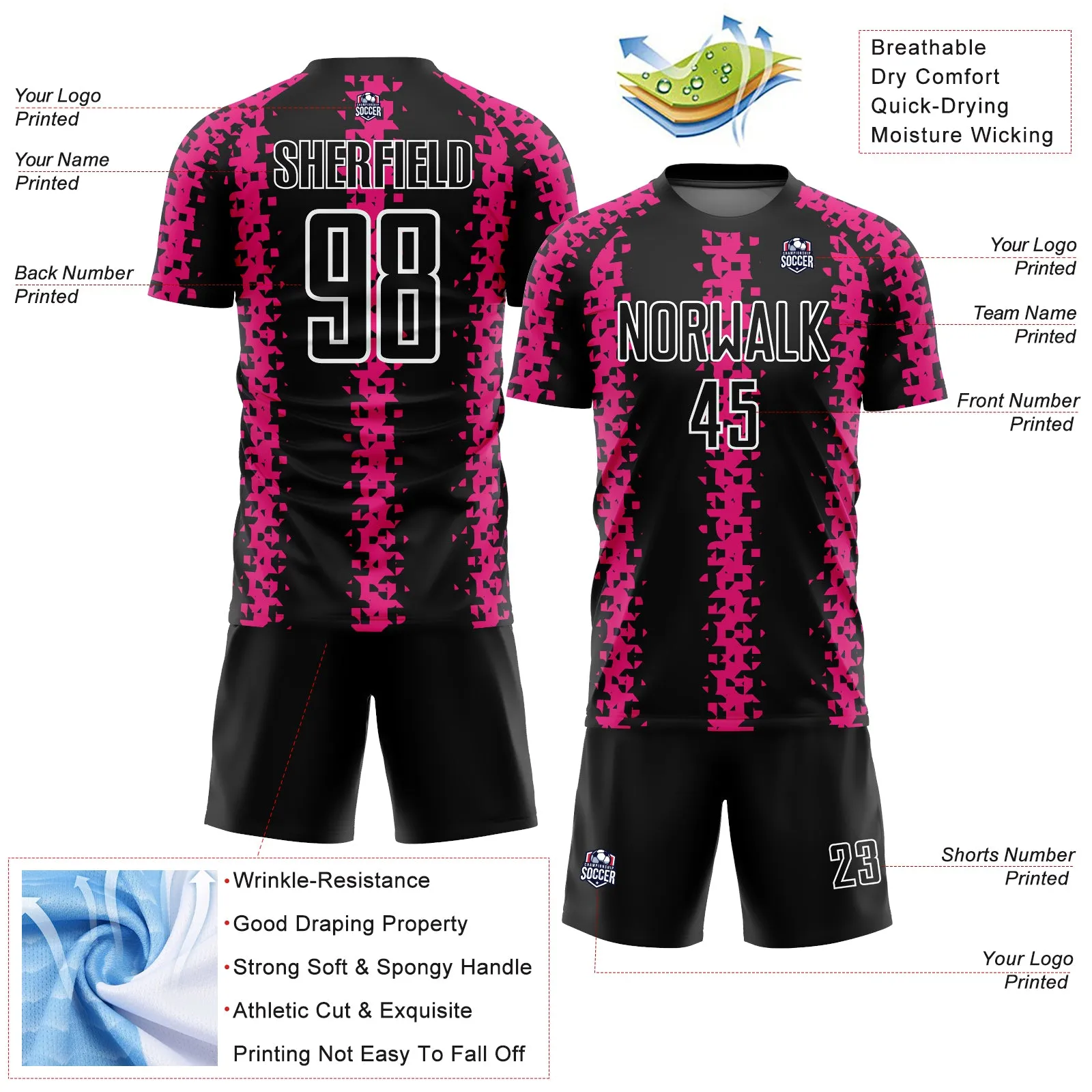 Custom Black Hot Pink-White Abstract Geometric Pattern Sublimation Soccer Uniform Jersey