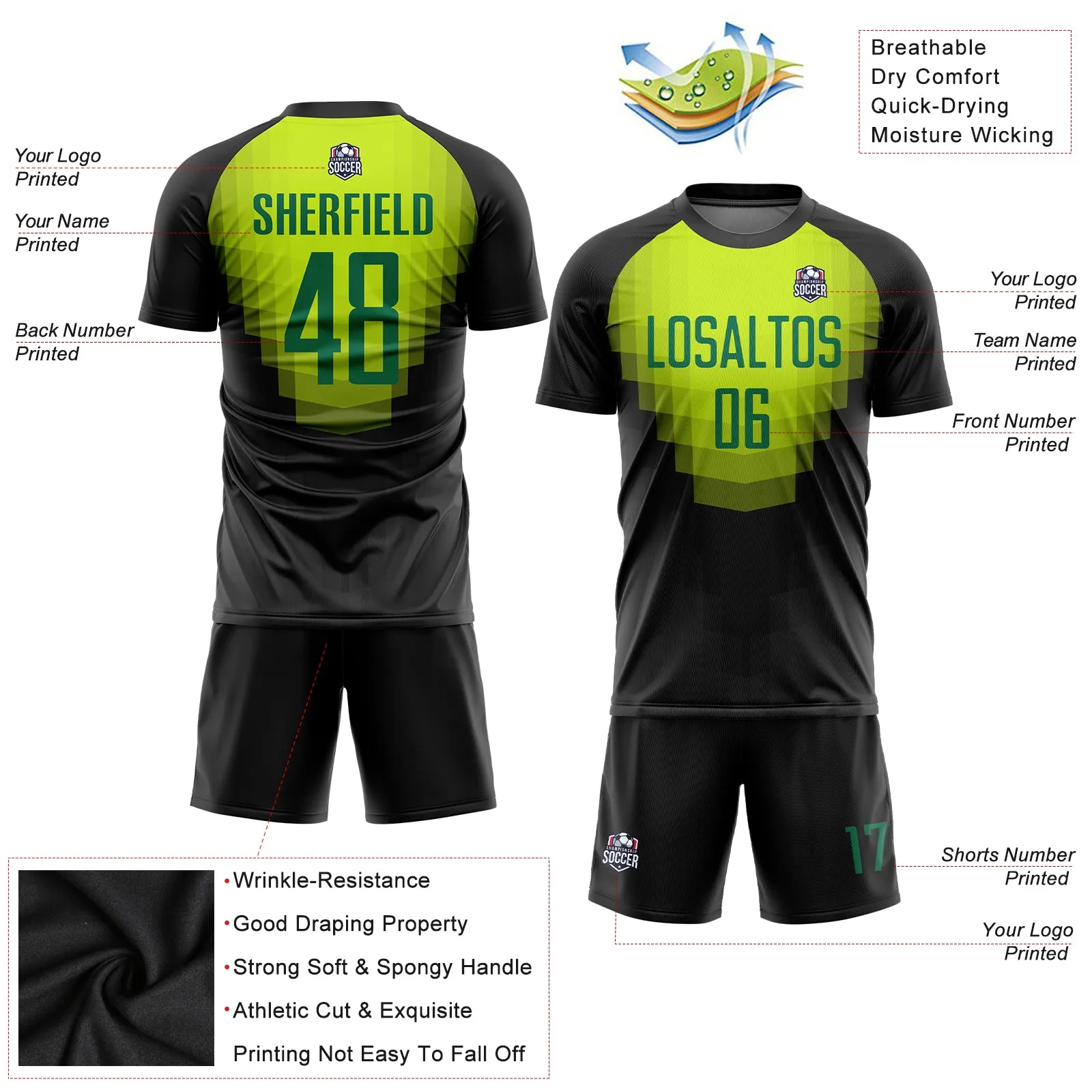 Custom Black Kelly Green Sublimation Soccer Uniform Jersey