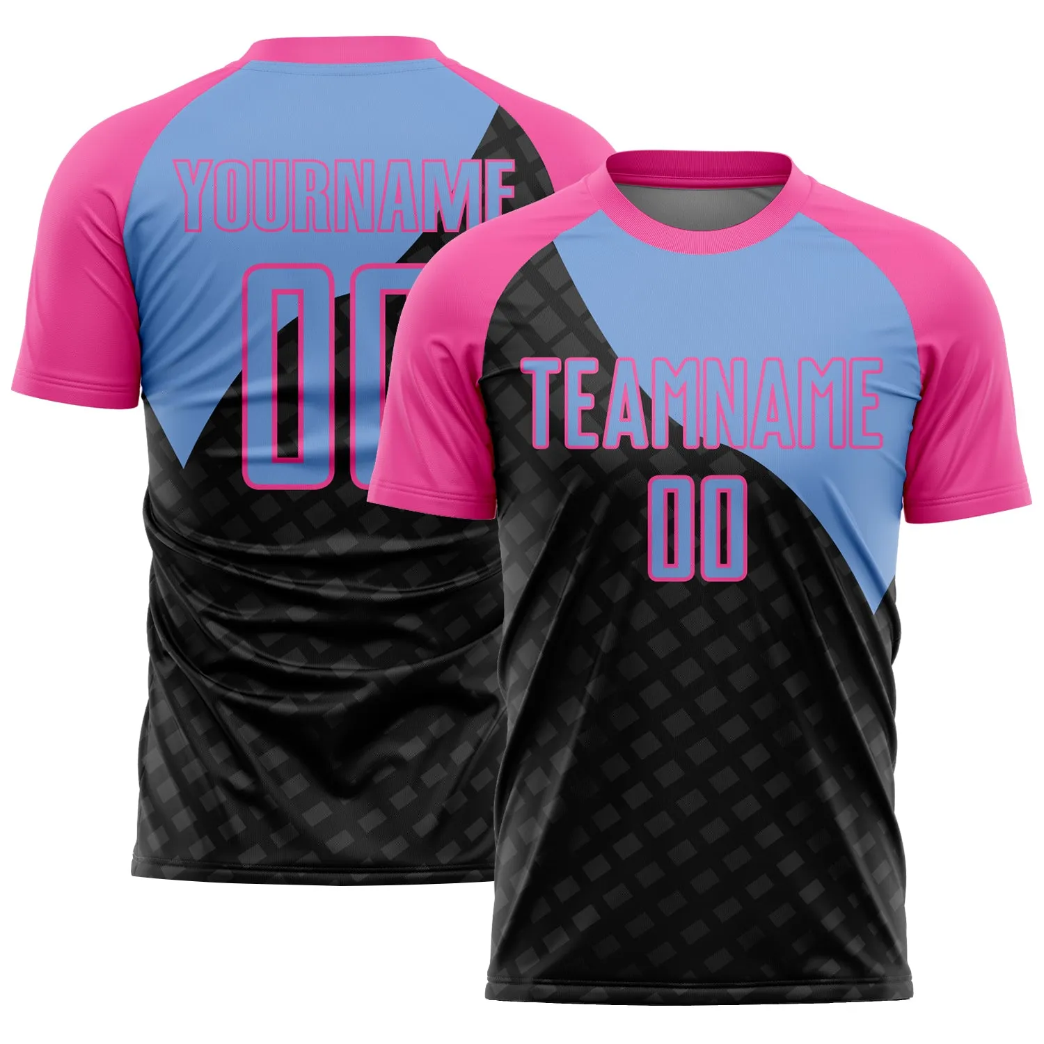 Custom Black Light Blue-Pink Curve Lines Sublimation Soccer Uniform Jersey