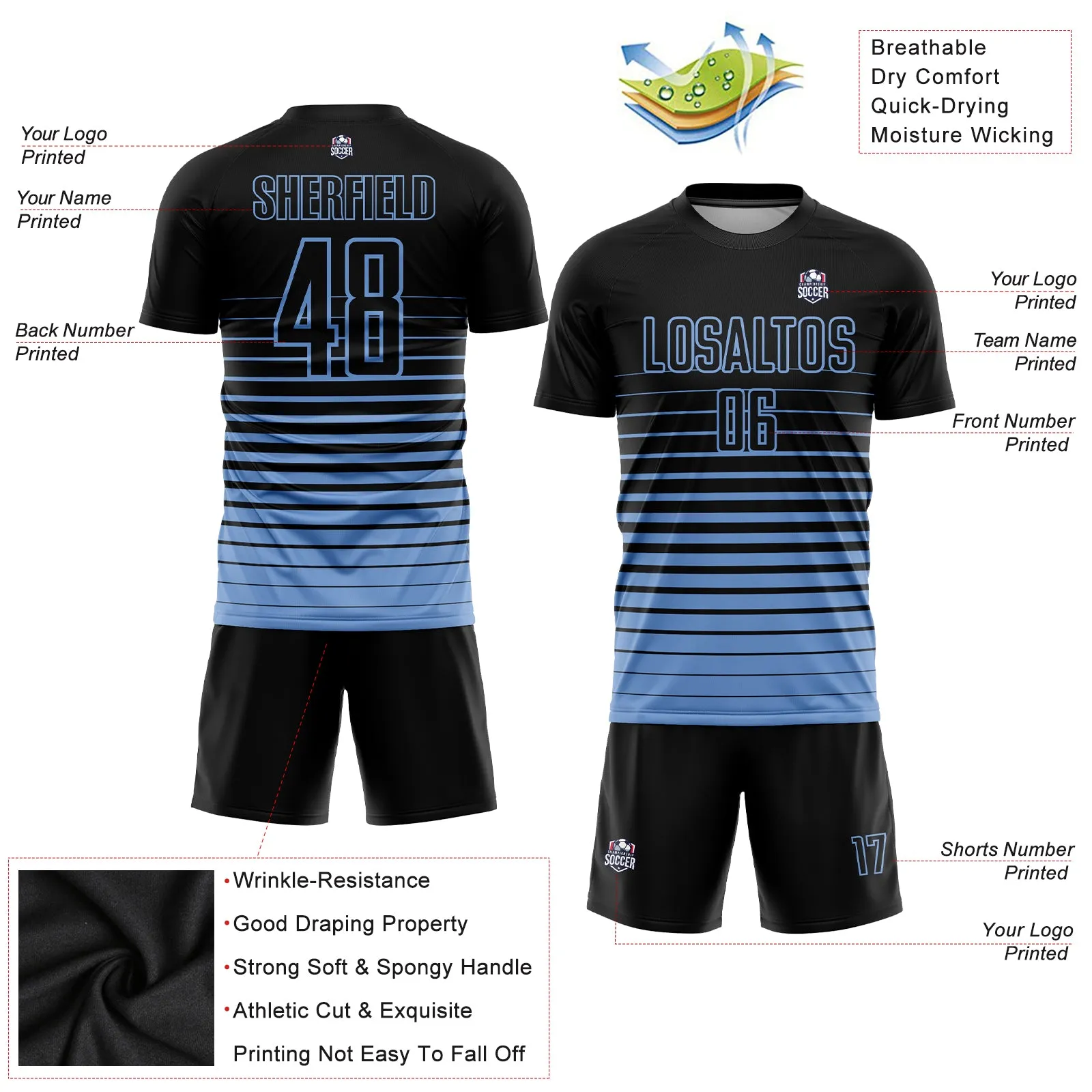 Custom Black Light Blue Pinstripe Fade Fashion Sublimation Soccer Uniform Jersey