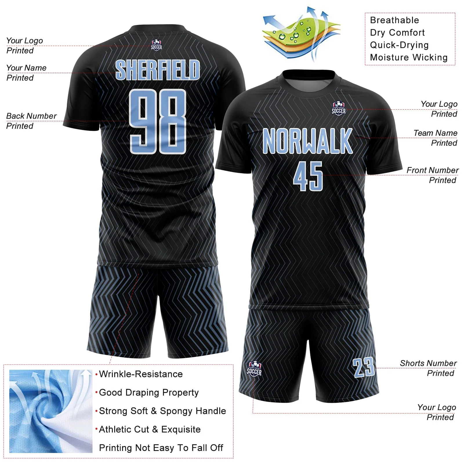 Custom Black Light Blue-White Geometric Lines Sublimation Soccer Uniform Jersey