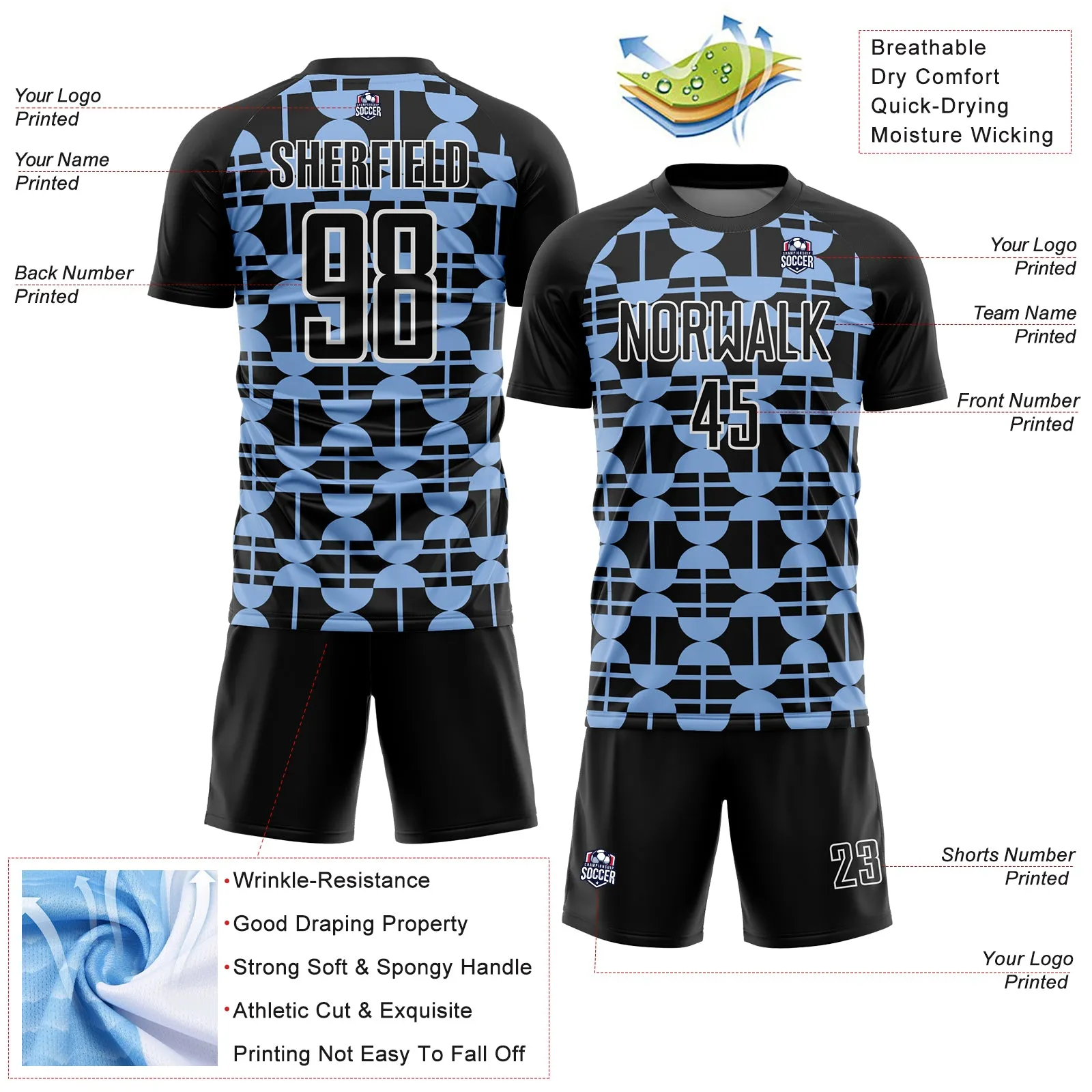 Custom Black Light Blue-White Geometric Shapes Sublimation Soccer Uniform Jersey