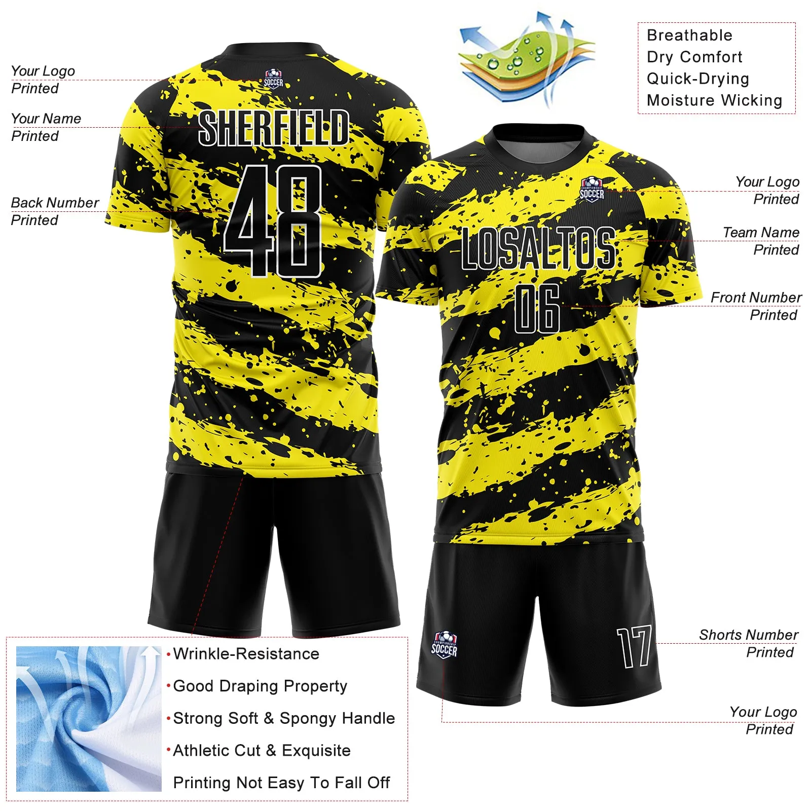 Custom Black Light Yellow-White Splash Sublimation Soccer Uniform Jersey