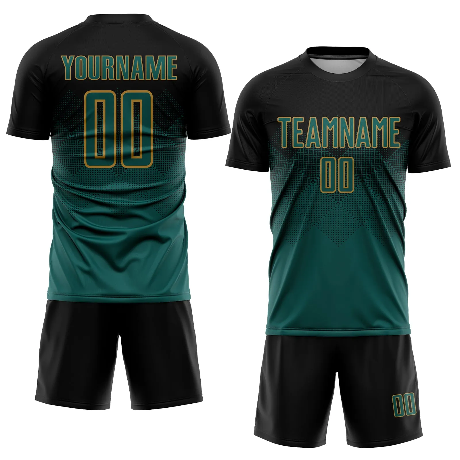 Custom Black Midnight Green-Old Gold Sublimation Soccer Uniform Jersey