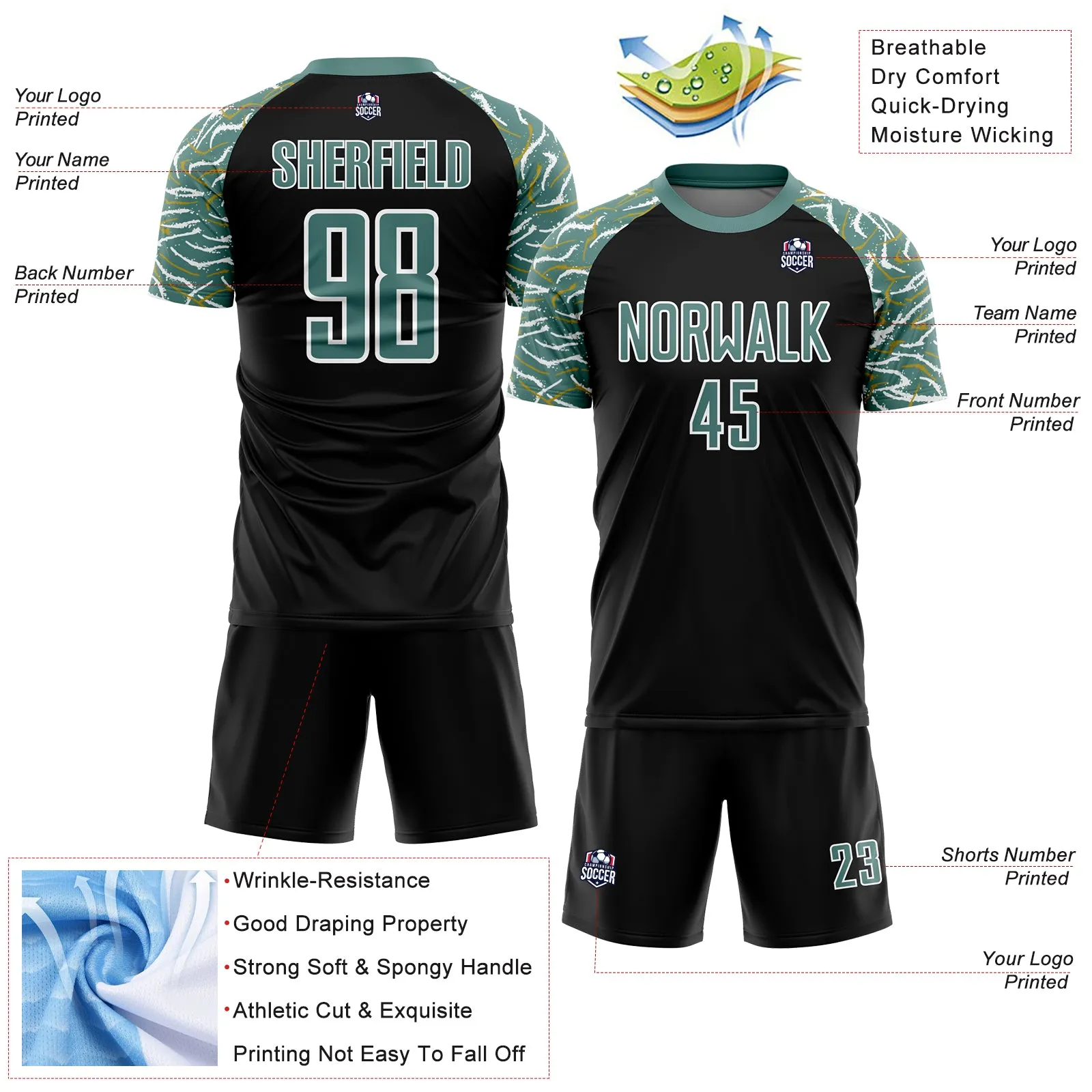 Custom Black Midnight Green-White Curved And Wavy Lines Sublimation Soccer Uniform Jersey