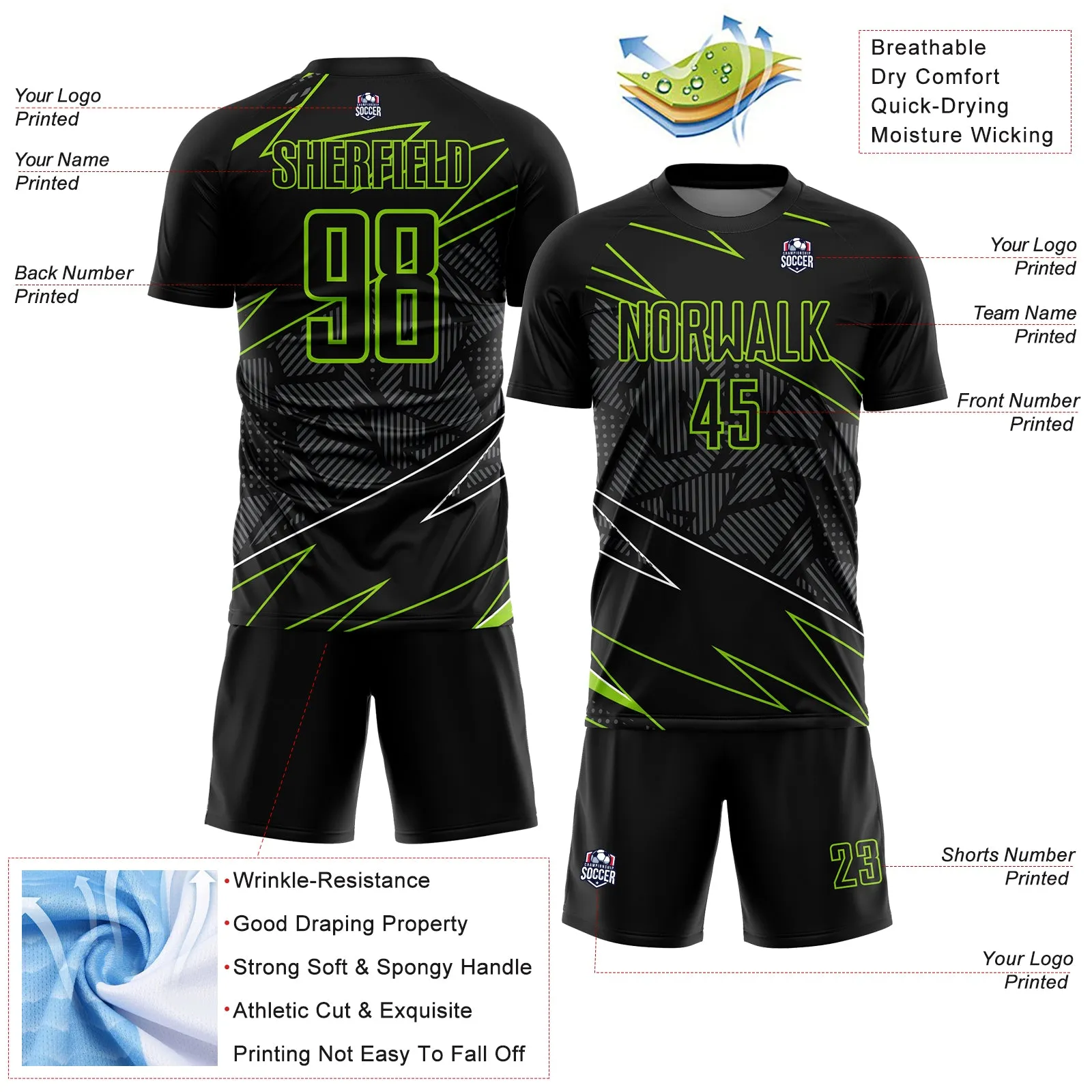 Custom Black Neon Green Lines Sublimation Soccer Uniform Jersey