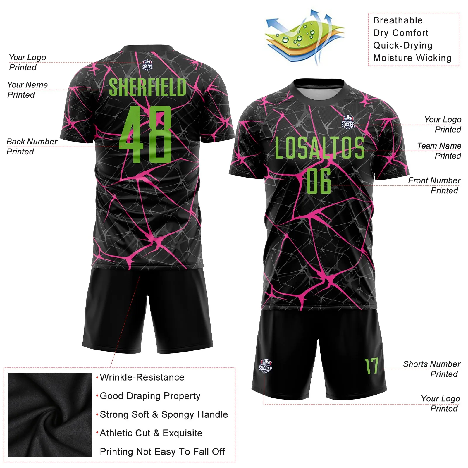 Custom Black Neon Green-Pink Sublimation Soccer Uniform Jersey