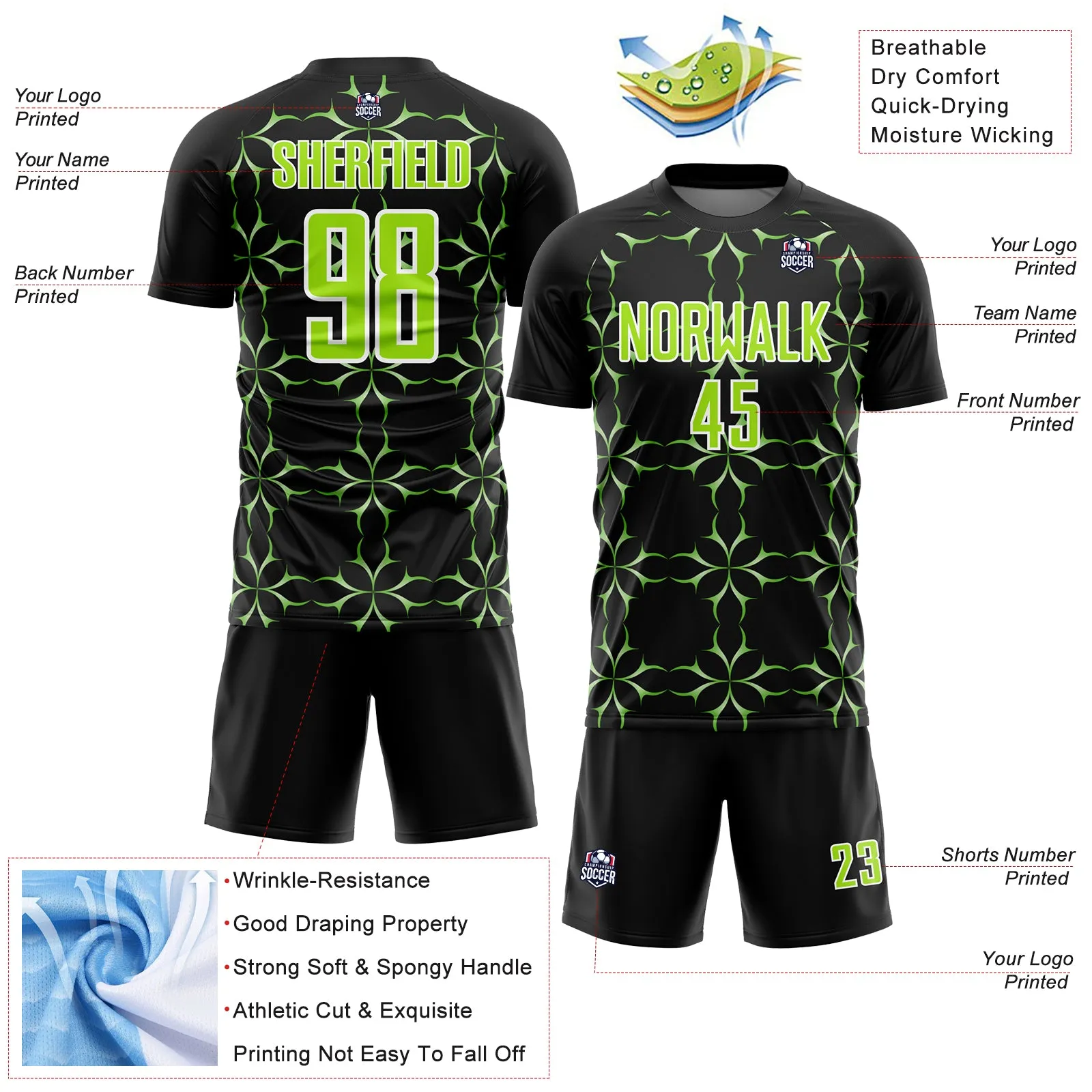 Custom Black Neon Green-White Damask Pattern Sublimation Soccer Uniform Jersey