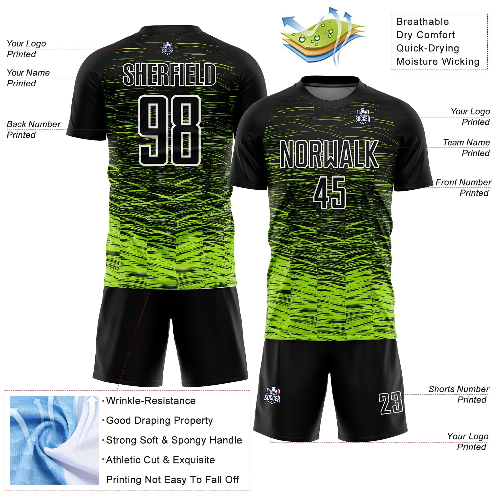 Custom Black Neon Green-White Line Sublimation Soccer Uniform Jersey