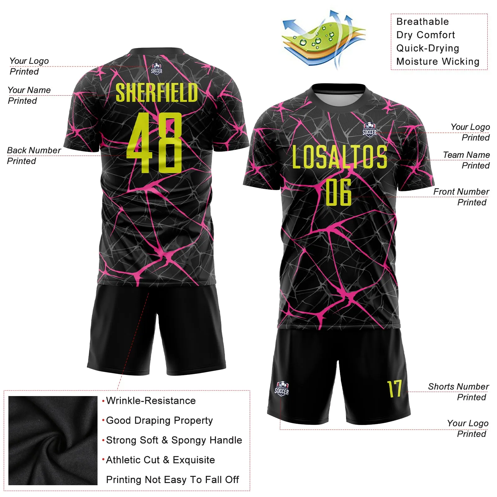 Custom Black Neon Yellow-Pink Sublimation Soccer Uniform Jersey