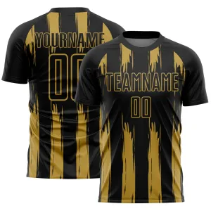 Custom Black Old Gold Abstract Stripes Sublimation Soccer Uniform Jersey