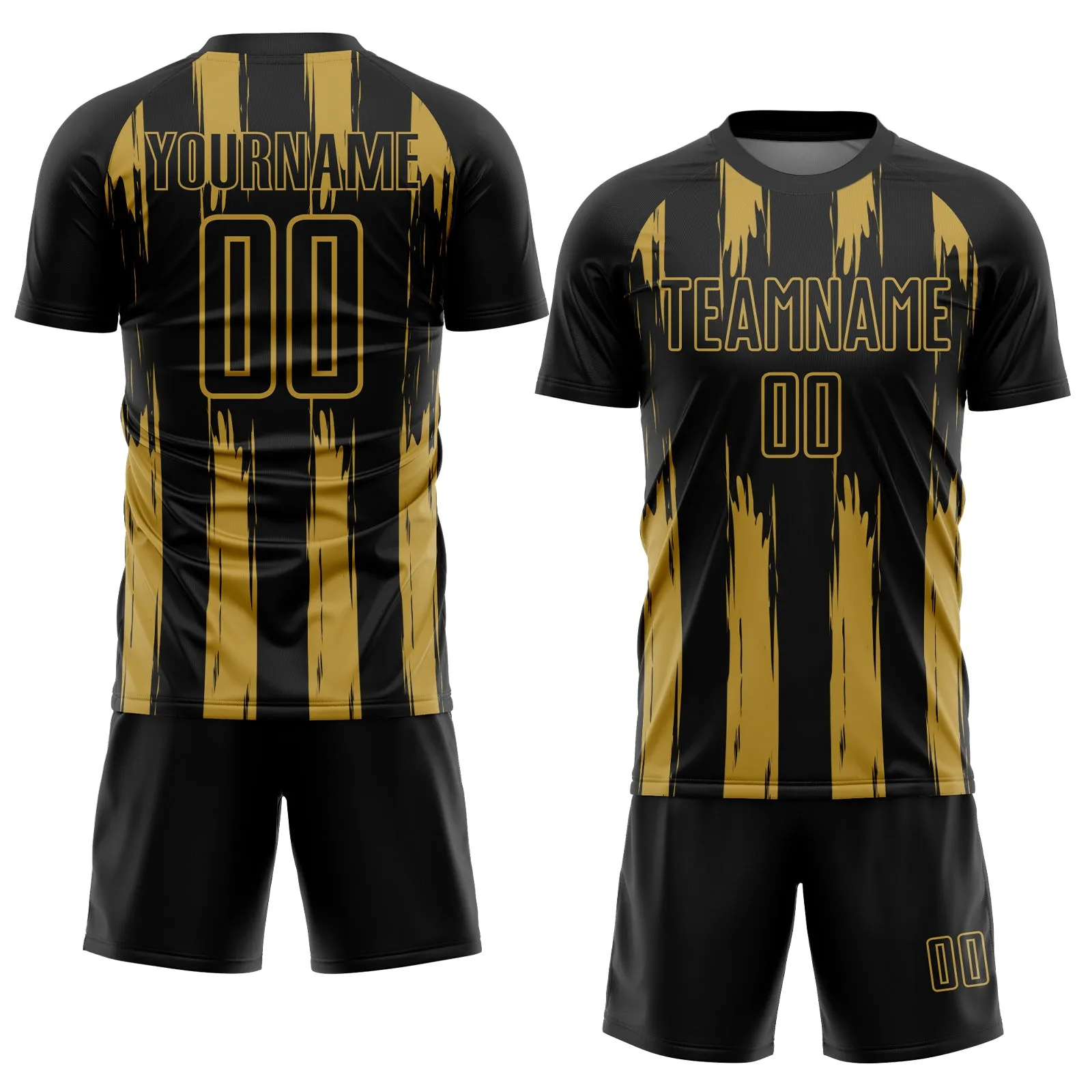 Custom Black Old Gold Abstract Stripes Sublimation Soccer Uniform Jersey