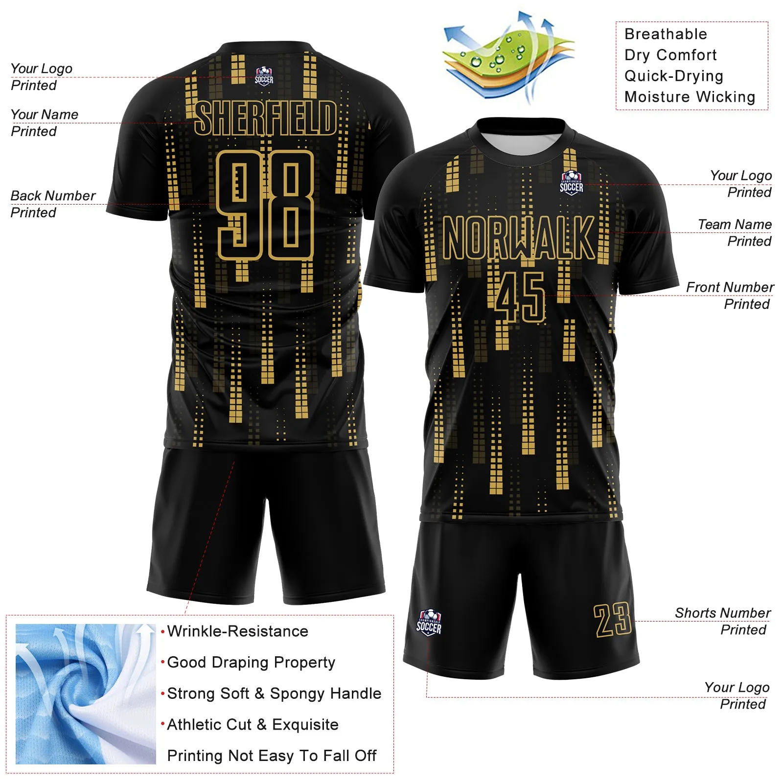 Custom Black Old Gold Geometric Shapes Sublimation Soccer Uniform Jersey