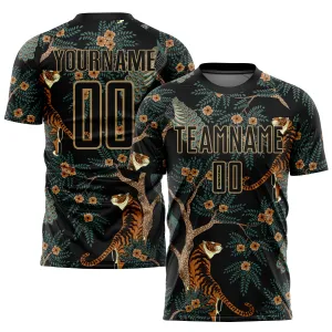 Custom Black Old Gold Tiger And Peacock Sublimation Soccer Uniform Jersey