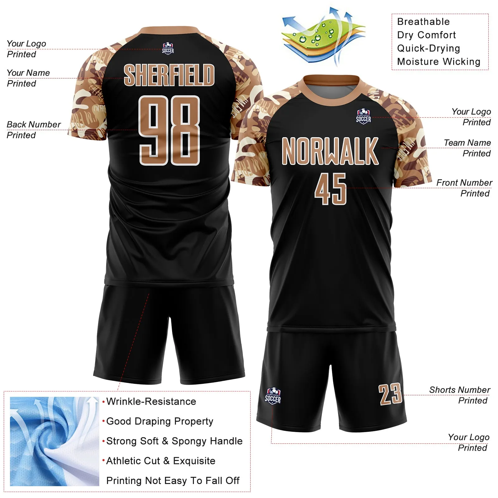 Custom Black Old Gold-White Camouflage Sublimation Soccer Uniform Jersey