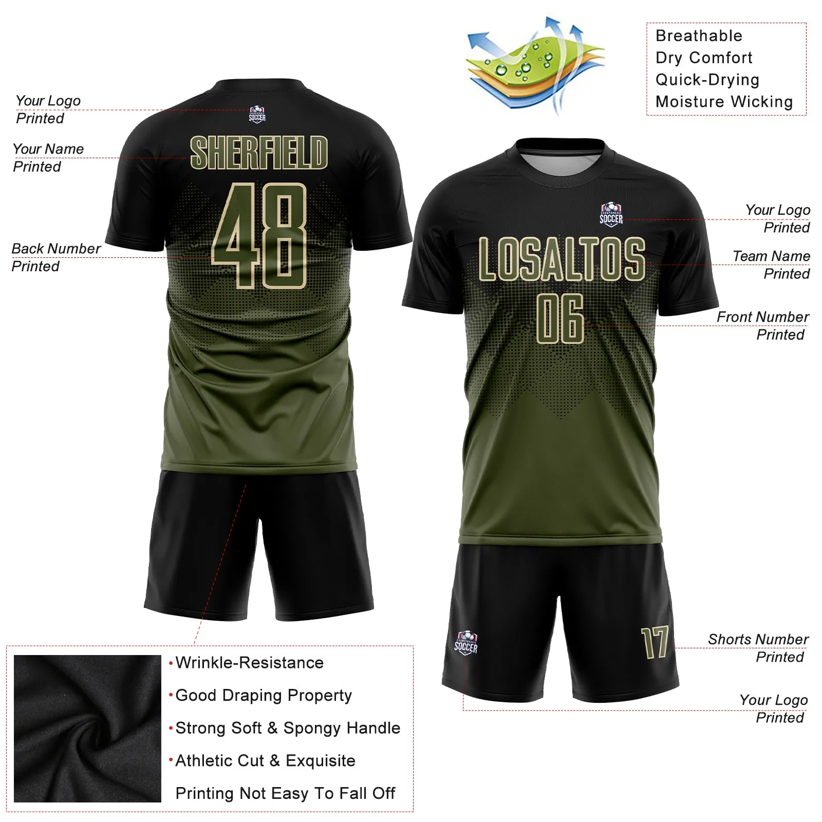 Custom Black Olive-Cream Sublimation Soccer Uniform Jersey