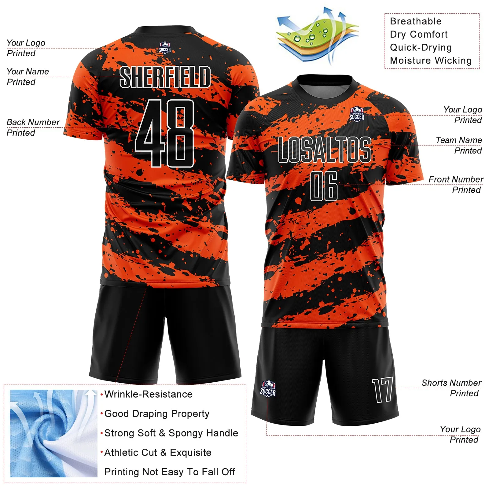 Custom Black Orange-White Splash Sublimation Soccer Uniform Jersey