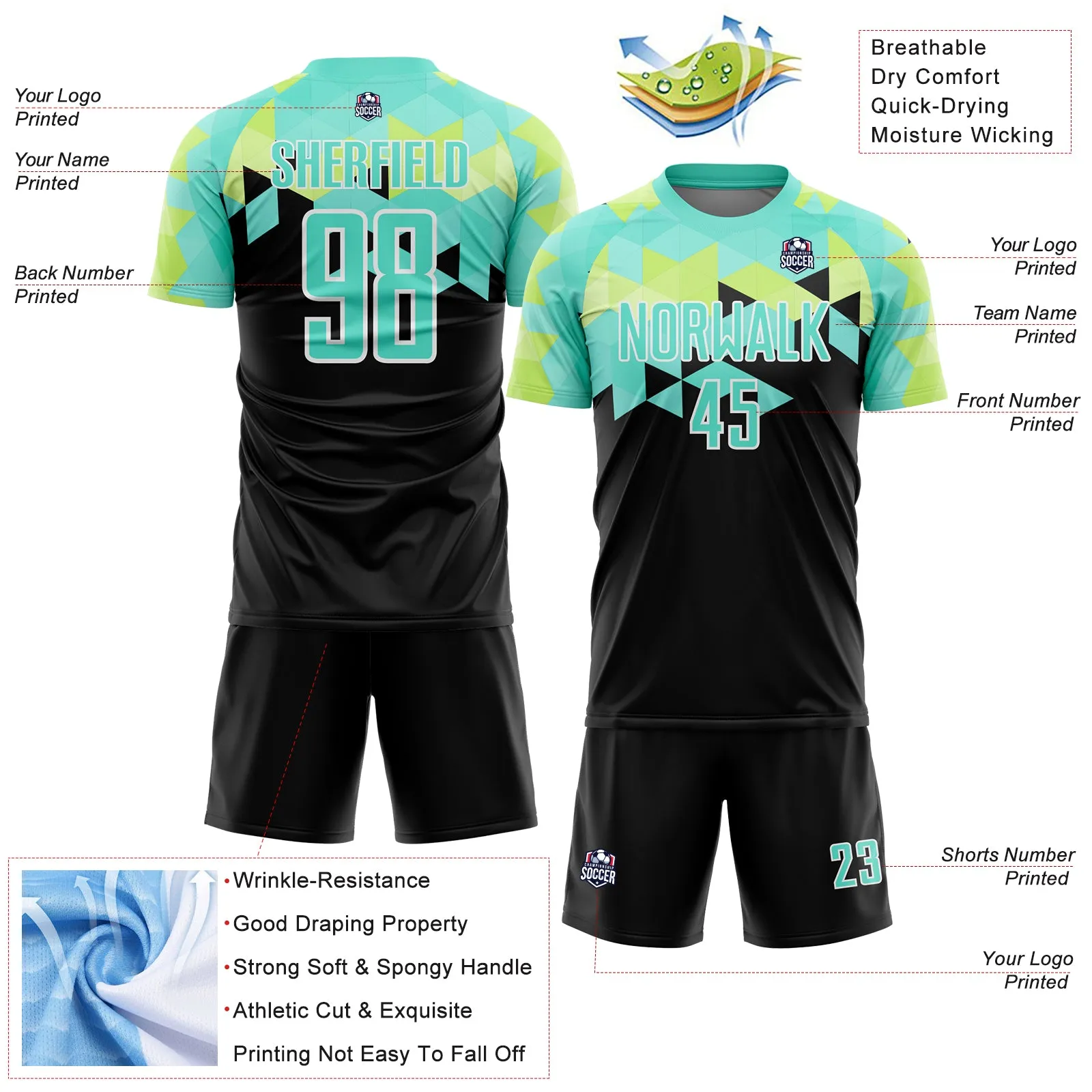 Custom Black Pea Green-White Geometric Shapes Sublimation Soccer Uniform Jersey