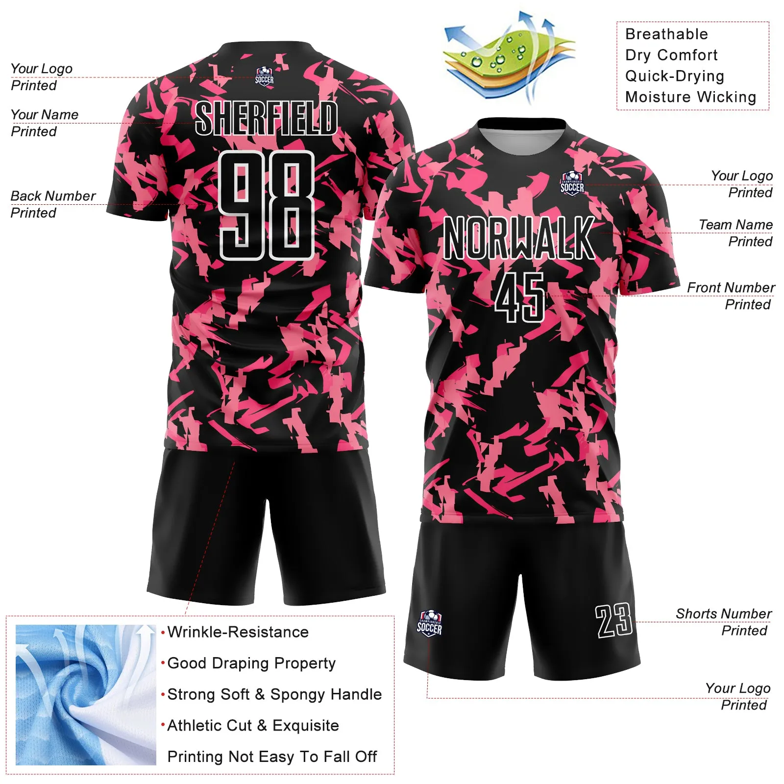 Custom Black Pink-White Abstract Geometric Pattern Sublimation Soccer Uniform Jersey