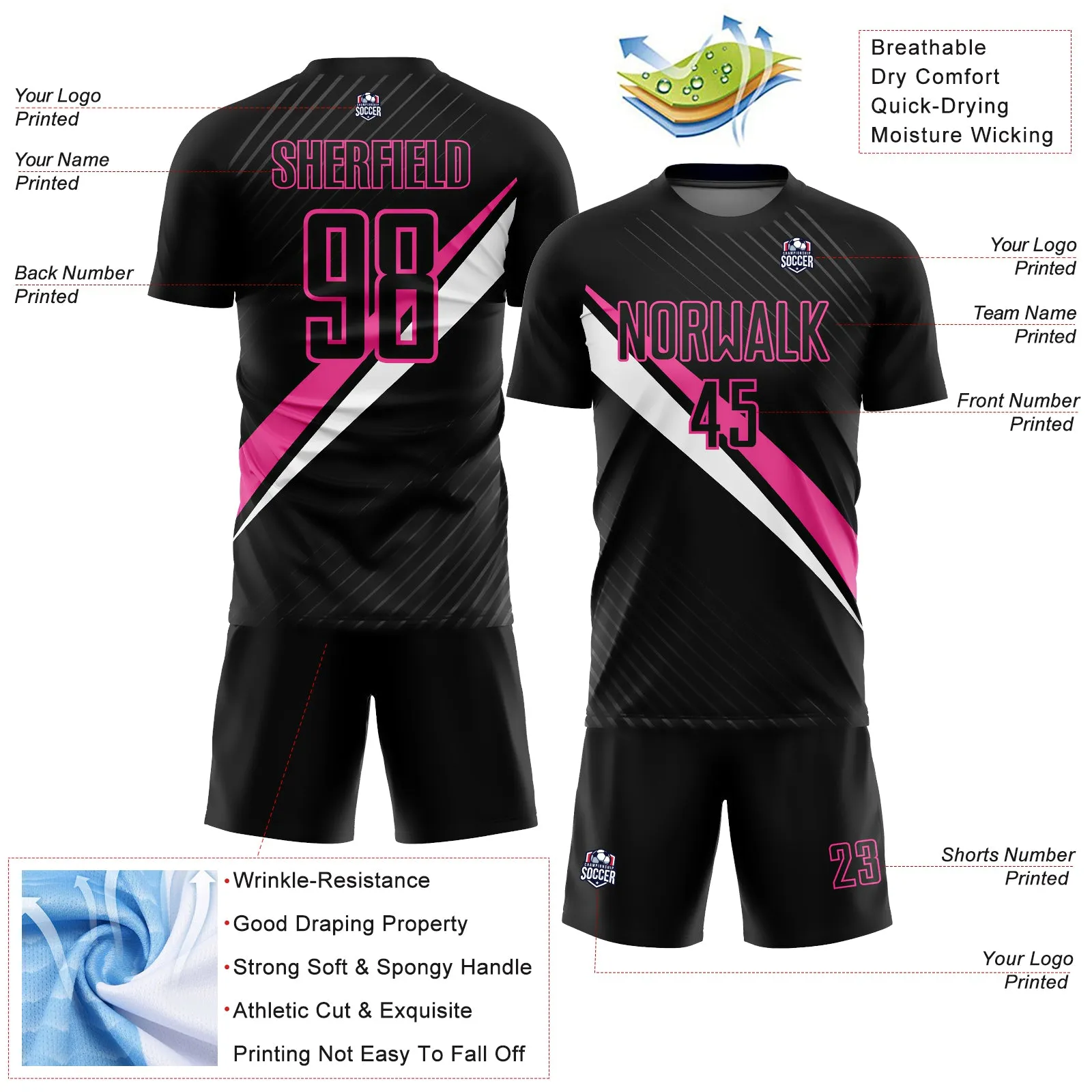 Custom Black Pink-White Diagonal Lines Sublimation Soccer Uniform Jersey