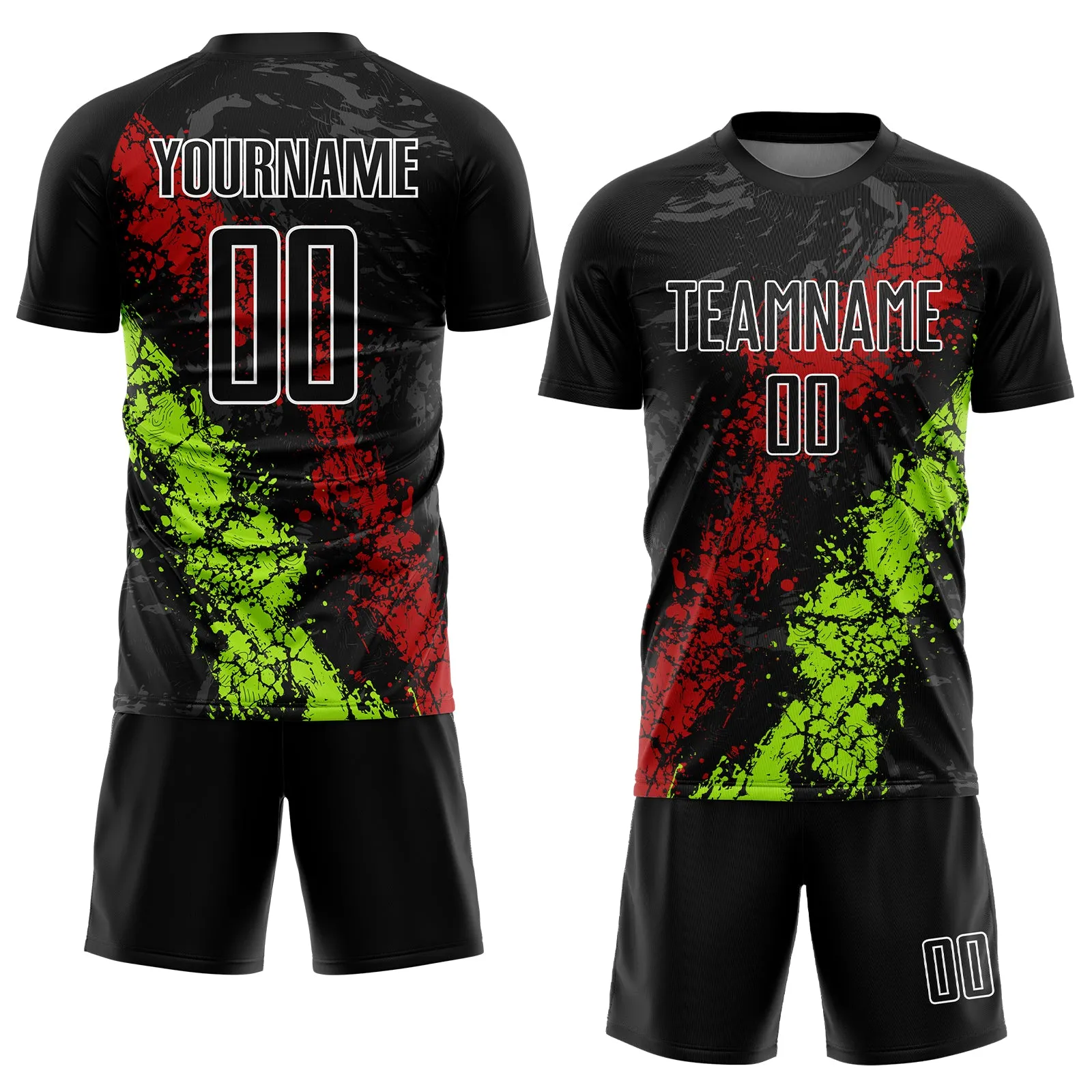 Custom Black Red-Neon Green Dripping Splatter Art Sublimation Soccer Uniform Jersey